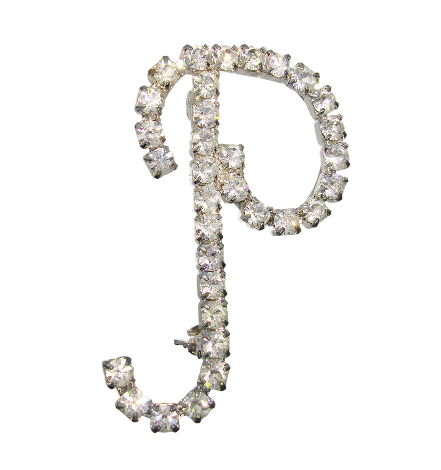 Initial "P" Pin Brooch Pave Rhinestones Silver Tone 1 1/2"