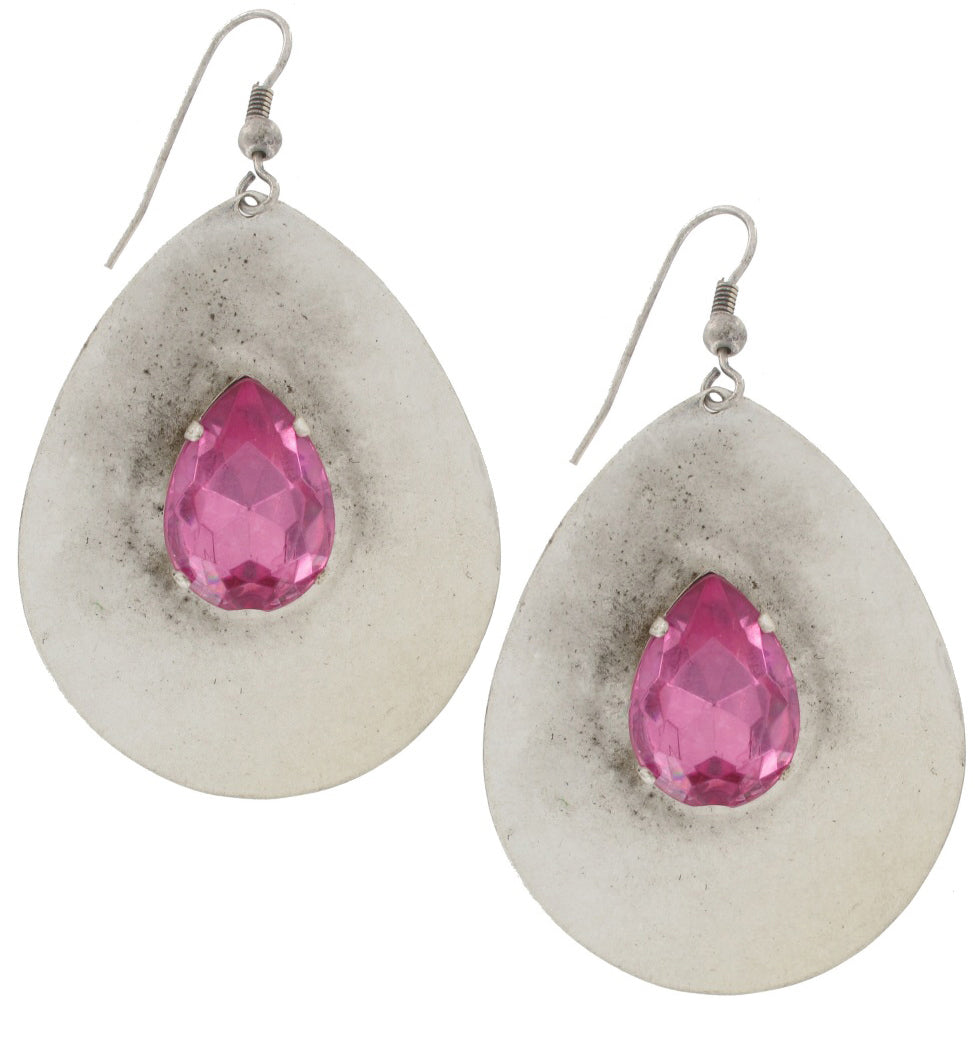 Large Pink Jewel Teardrop Dangle Earrings Pierced 2.5" - Distressed Silver Tone