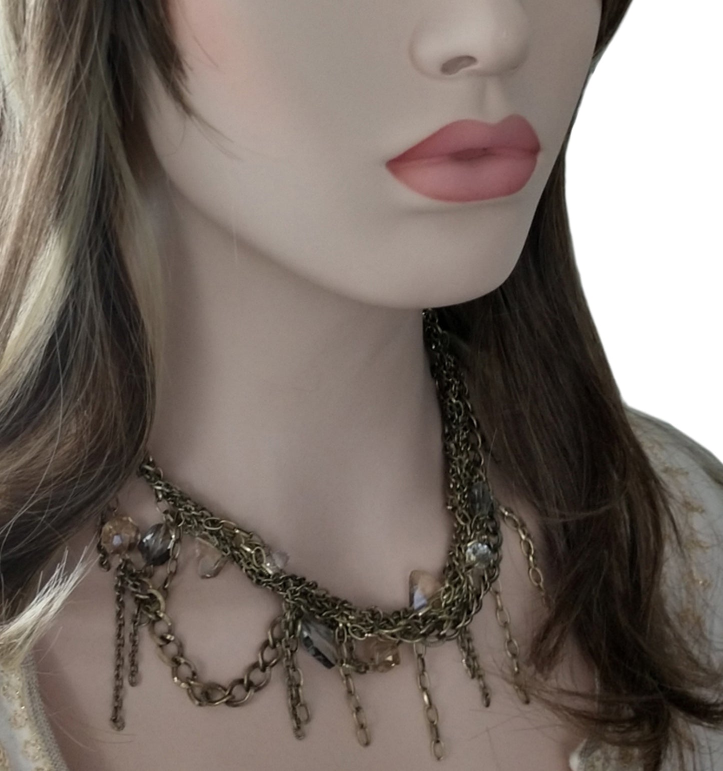 Multi Strand Antiqued Gold Tone Chain Fringe and Crystal Necklace 15-18"