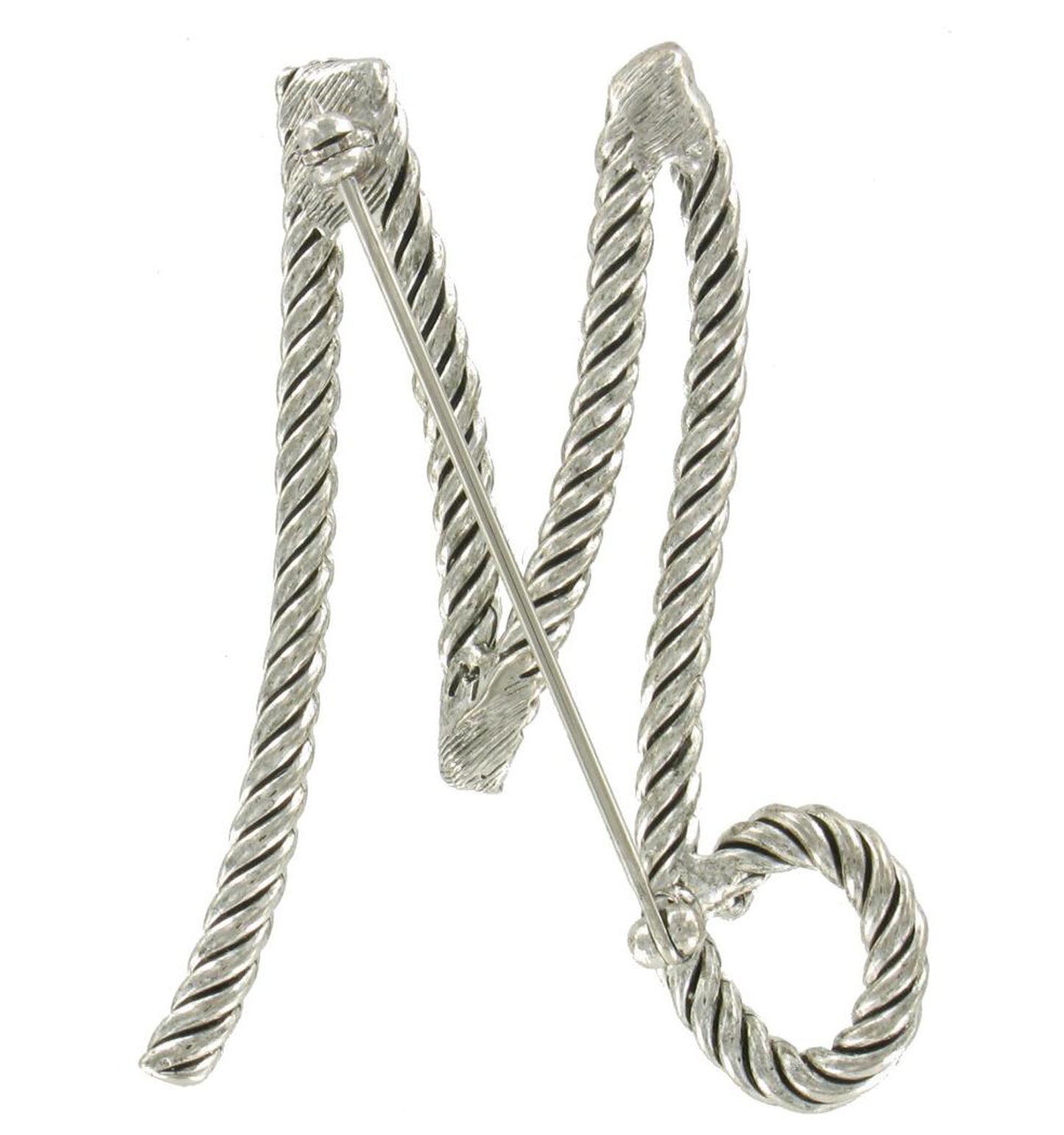 Large Big Script Silver Tone Rope Initial Letter "M" Pin Brooch 2 1/2"