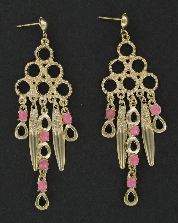 Pink Rhinestone Chandelier 2" Pierced Earrings - Gold Tone