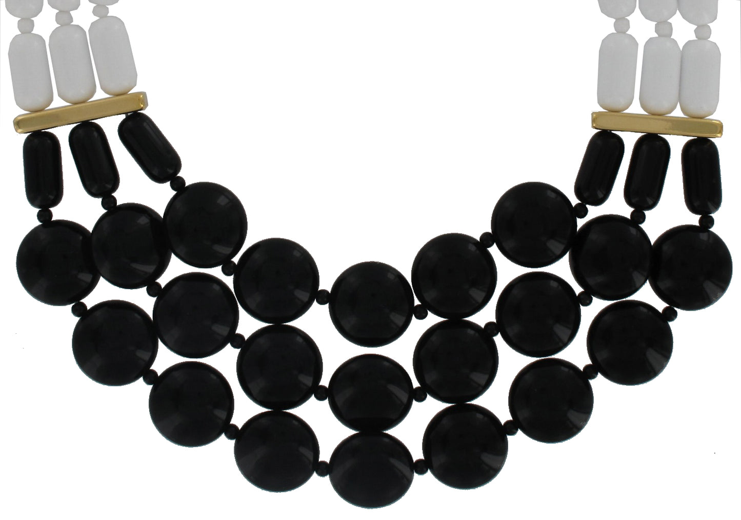 Vintage Black White Beaded Lucite Multi Strand Necklace Color Block 18-21"