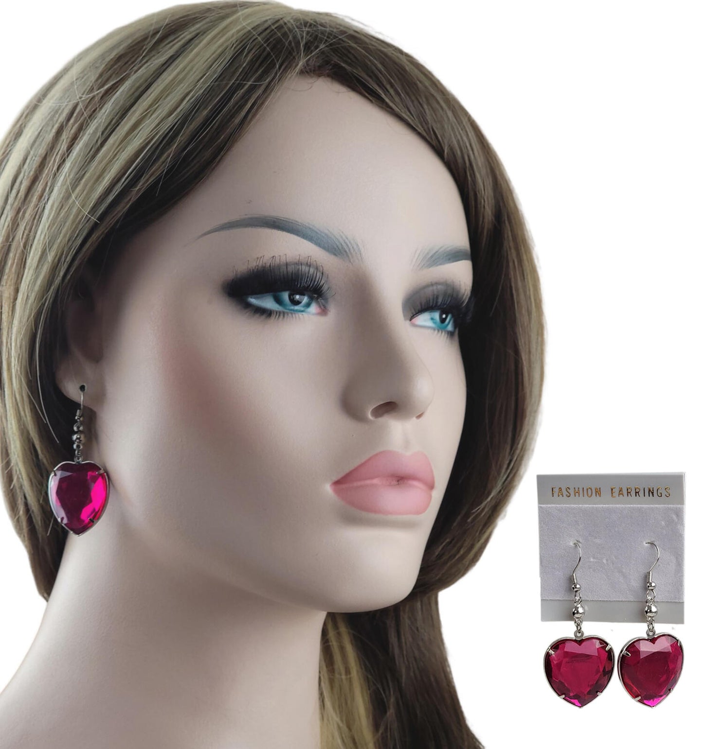 Oversized Large Heart Jewel Faux Crystal Earrings 2 1/4" Silver Tone - Pink