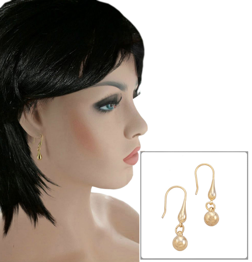Gold Tone Double Teardrop Beade Dangle Pierced Earrings 1 1/4"